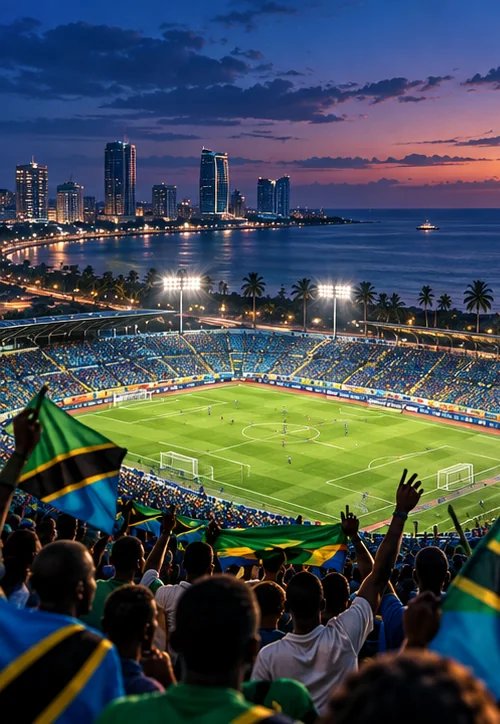 Original illustration of a football stadium in Dar es Salaam at dusk